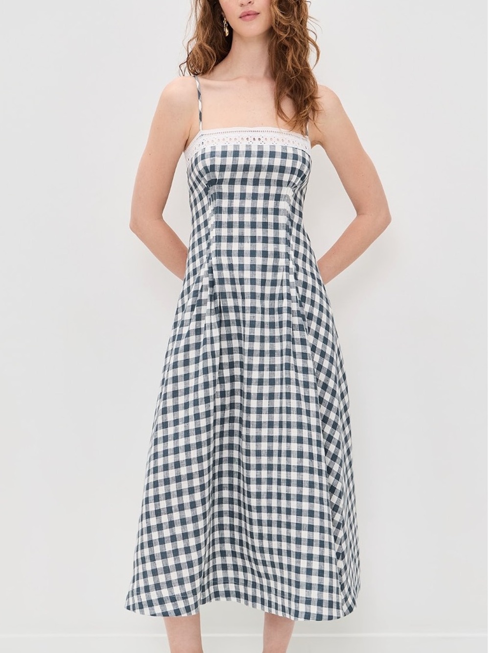 NWT Reformation Gingham Linen Midi Dress - Blue and White